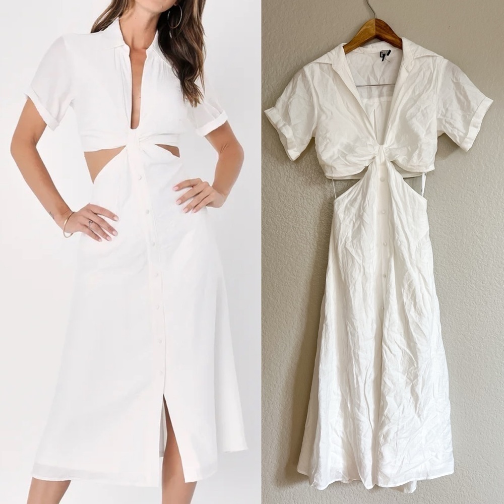 Sensational Sun White Collared Cutout Tie-Front Midi Dress